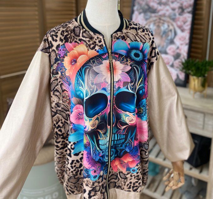 Blouson bombers simili-cuir doré mexican skulls du 40 au 50 et + 