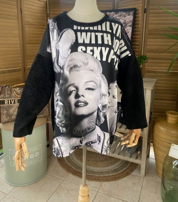 Sweat manches longues satiné et velours noir Marylin Monroe du 40 au 50