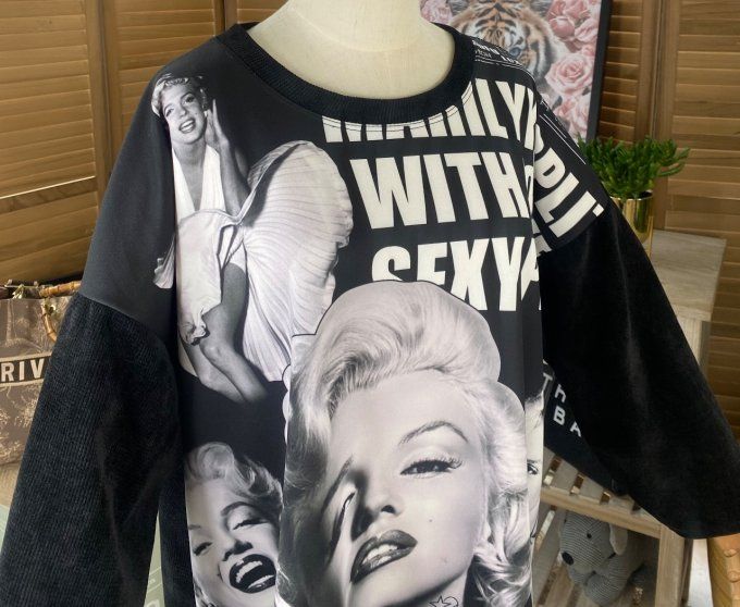 Sweat manches longues satiné et velours noir Marylin Monroe du 40 au 50