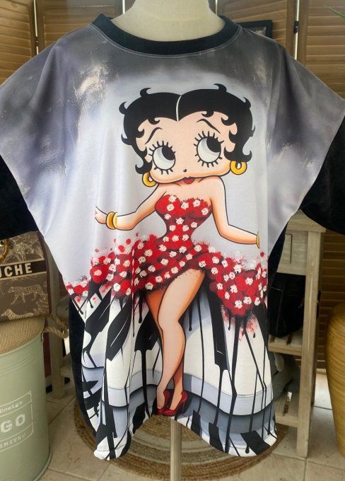 Sweat manches longues satiné et velours noir Betty Boop Pin up du 40 au 50