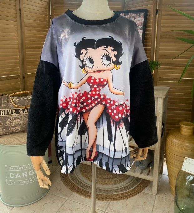 Sweat manches longues satiné et velours noir Betty Boop Pin up du 40 au 50