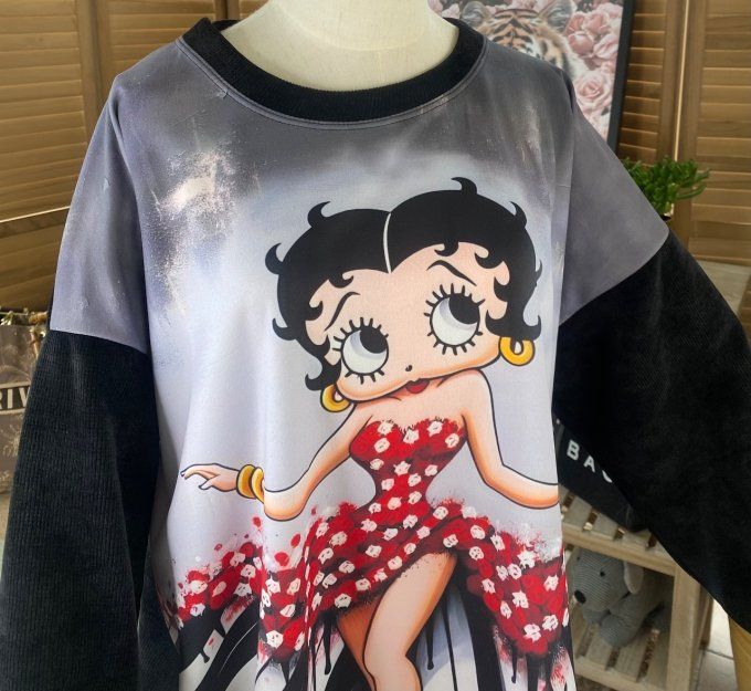 Sweat manches longues satiné et velours noir Betty Boop Pin up du 40 au 50