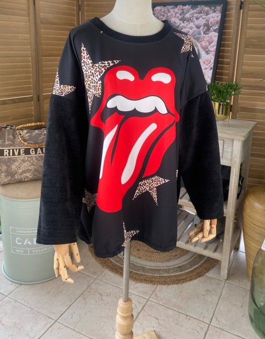 Sweat manches longues satiné et velours noir Rolling Stones du 40 au 50