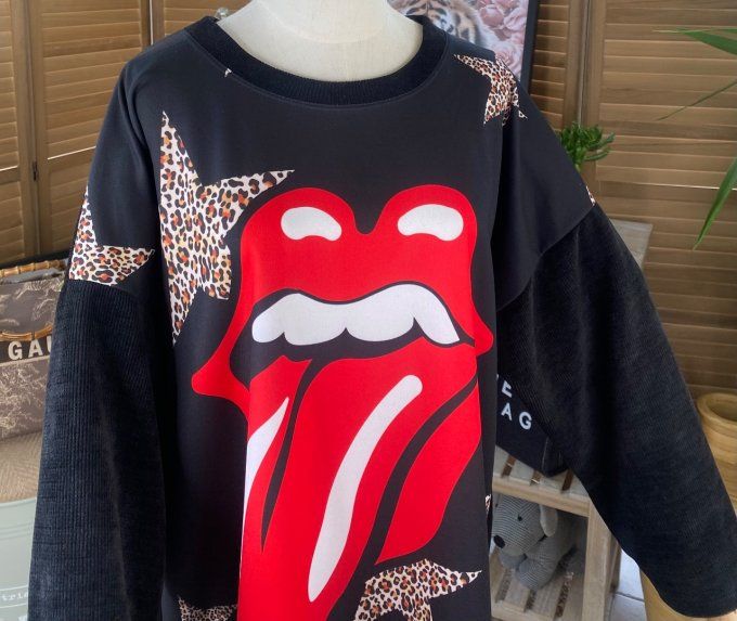 Sweat manches longues satiné et velours noir Rolling Stones du 40 au 50