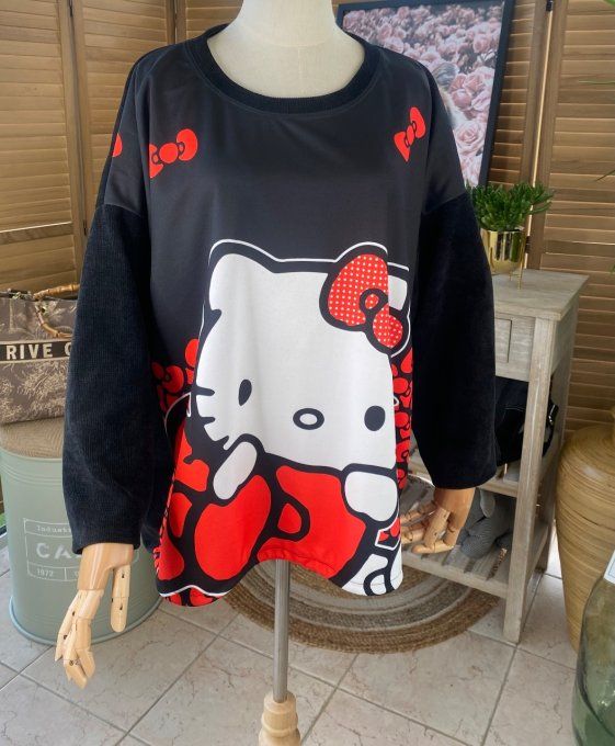 Sweat manches longues satiné et velours noir Hello Kitty du 40 au 50 