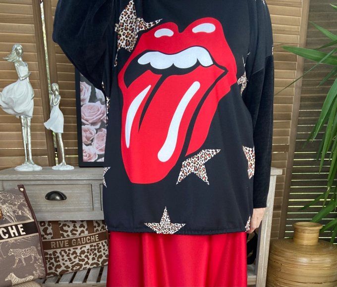 Sweat manches longues satiné et velours noir Rolling Stones du 40 au 50