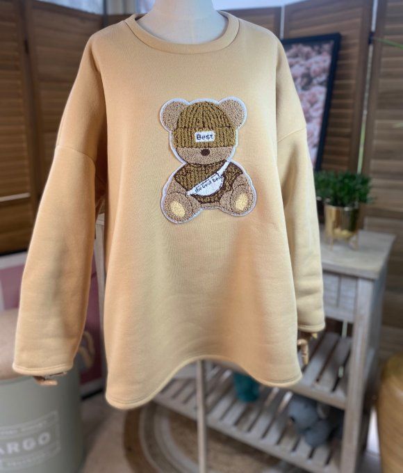 Sweat ample beige molletonné Teddy Bear Ourson bouclette relief du 40 au 50/52