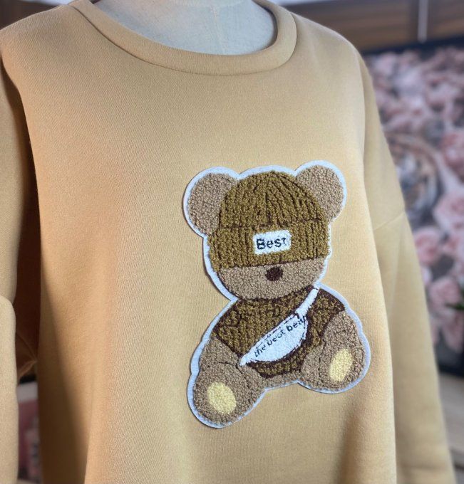 Sweat ample beige molletonné Teddy Bear Ourson bouclette relief du 40 au 50/52