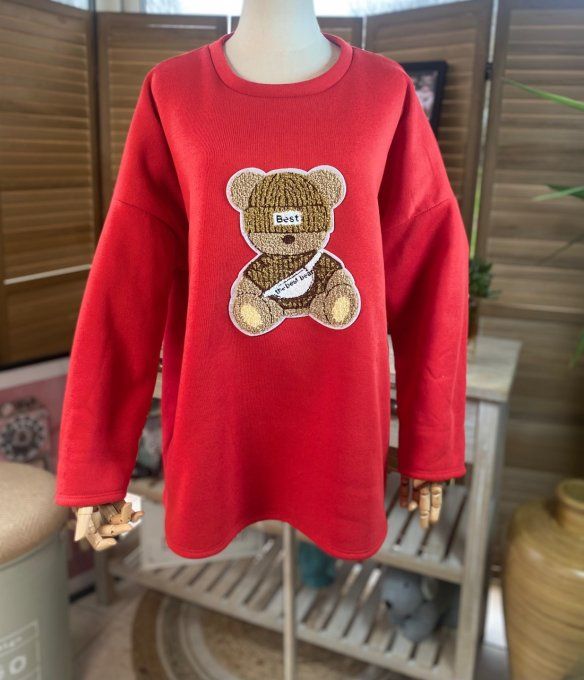 Sweat ample rouge molletonné Teddy Bear Ourson bouclette relief du 40 au 52