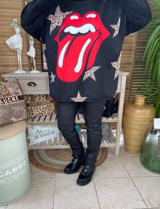 Sweat manches longues satiné et velours noir Rolling Stones du 40 au 50