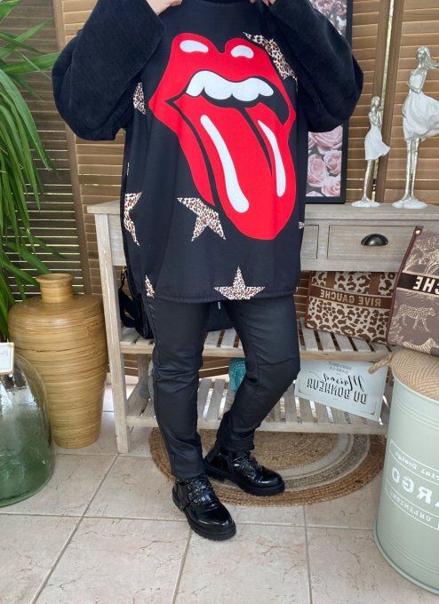 Sweat manches longues satiné et velours noir Rolling Stones du 40 au 50