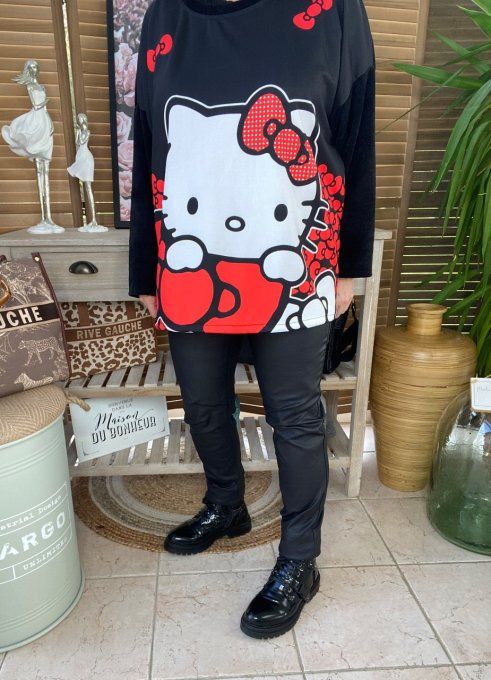 Sweat manches longues satiné et velours noir Hello Kitty du 40 au 50 