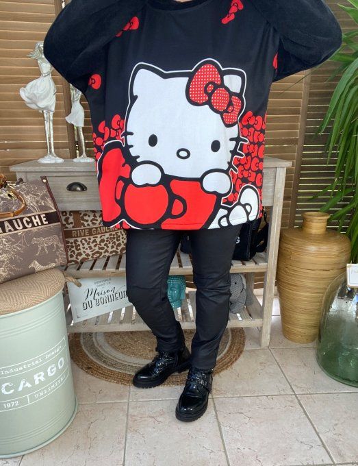 Sweat manches longues satiné et velours noir Hello Kitty du 40 au 50 