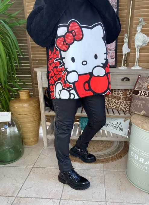 Sweat manches longues satiné et velours noir Hello Kitty du 40 au 50 