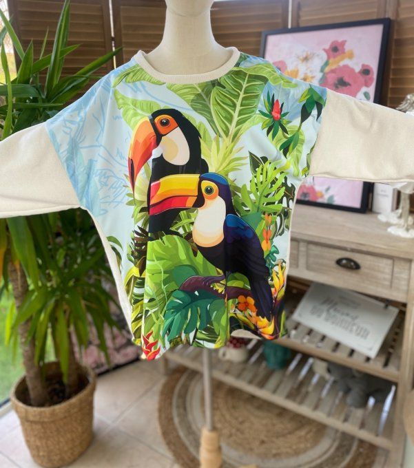 Sweat manches longues satiné et velours blanc Les Toucans du 40 au 50  