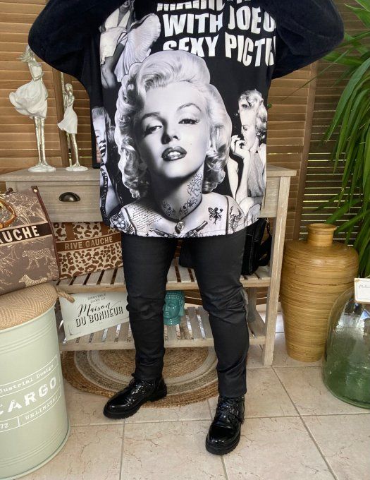 Sweat manches longues satiné et velours noir Marylin Monroe du 40 au 50