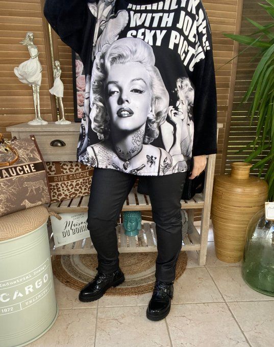 Sweat manches longues satiné et velours noir Marylin Monroe du 40 au 50