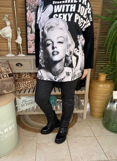 Sweat manches longues satiné et velours noir Marylin Monroe du 40 au 50