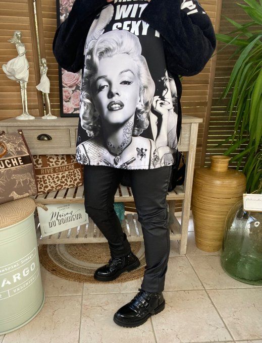 Sweat manches longues satiné et velours noir Marylin Monroe du 40 au 50