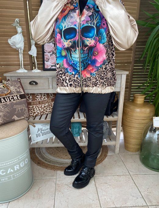 Blouson bombers simili-cuir doré mexican skulls du 40 au 50 et + 