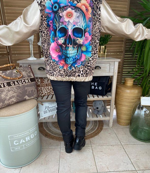 Blouson bombers simili-cuir doré mexican skulls du 40 au 50 et + 