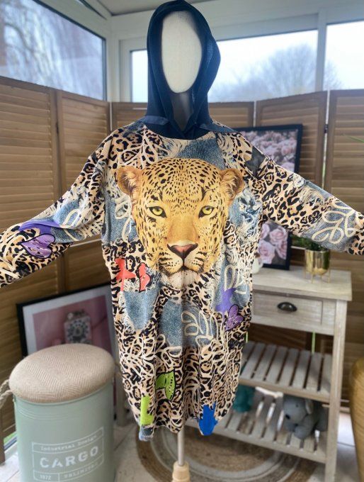 Robe sweat à capuche trapèze Léopard Jungle Chic du 40 au 50