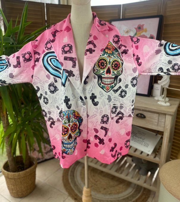 Veste blazer ample rose bonbon Mexican Skulls Calaveras du 42 au 50/52 et + 