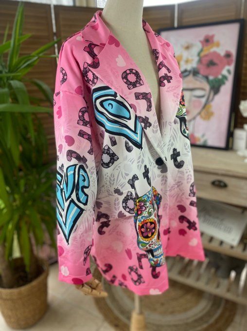 Veste blazer ample rose bonbon Mexican Skulls Calaveras du 42 au 50/52 et + 