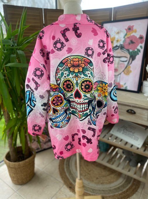 Veste blazer ample rose bonbon Mexican Skulls Calaveras du 42 au 50/52 et + 