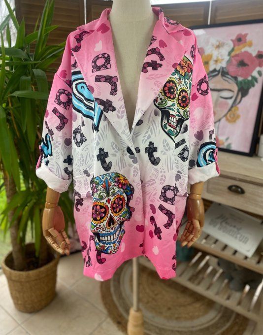 Veste blazer ample rose bonbon Mexican Skulls Calaveras du 42 au 50/52 et + 