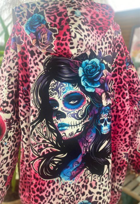 Gilet à capuche oversize polaire léopard rose Mexican Skulls Calavera du 42 au 52/54 et même + 