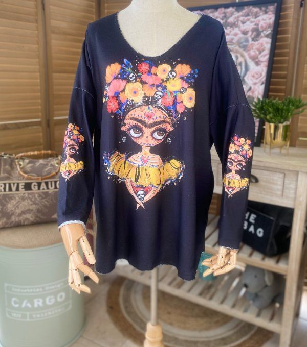 Top ample col v noir Frida Kahlo Mexican Skulls Calavera du 40 au 50/52 