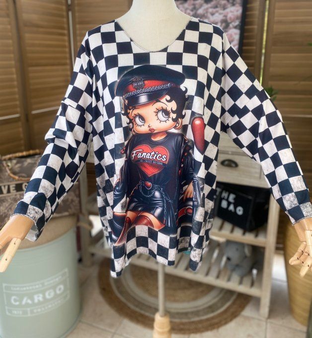 Top ample col v damier noir blanc Betty Boop  Bikeuse Harley Davidson du 40 au 50/52  