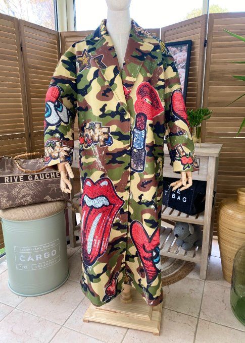 Manteau sans laine long oversize doublé camouflage Rolling Stones du 40 au 48