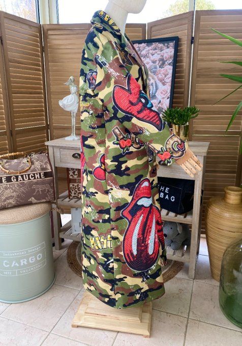 Manteau sans laine long oversize doublé camouflage Rolling Stones du 40 au 48