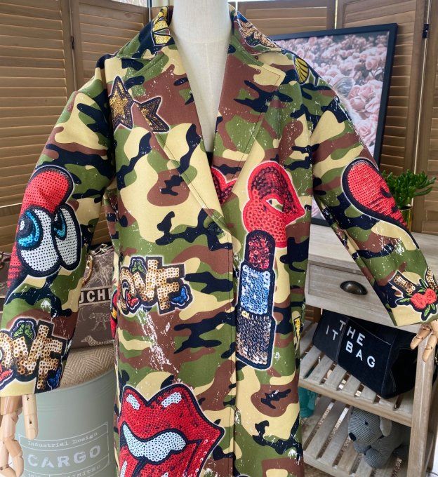 Manteau sans laine long oversize doublé camouflage Rolling Stones du 40 au 48