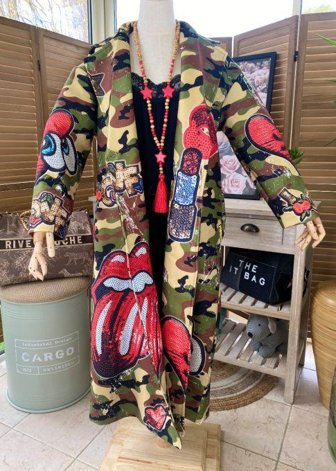 Manteau sans laine long oversize doublé camouflage Rolling Stones du 40 au 48