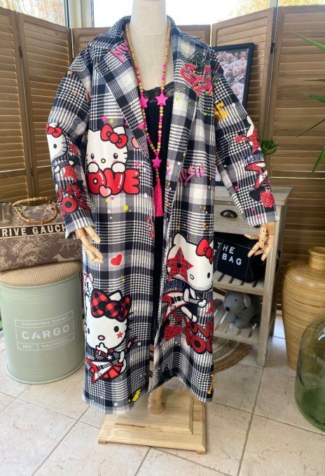 Manteau sans laine long oversize doublé carreaux Hello Kitty Rock  du 40 au 48