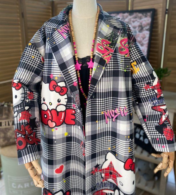 Manteau sans laine long oversize doublé carreaux Hello Kitty Rock  du 40 au 48