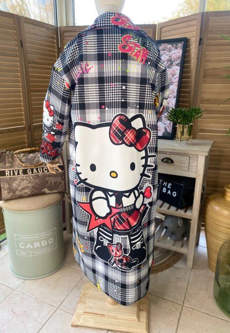 Manteau sans laine long oversize doublé carreaux Hello Kitty Rock  du 40 au 48