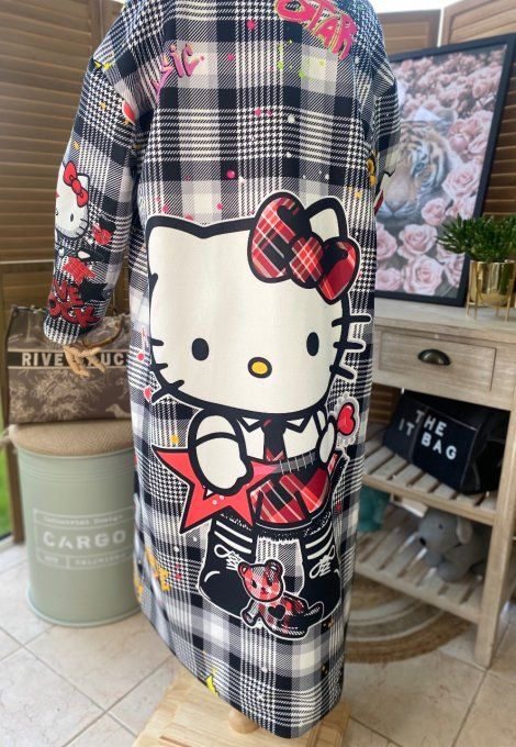 Manteau sans laine long oversize doublé carreaux Hello Kitty Rock  du 40 au 48