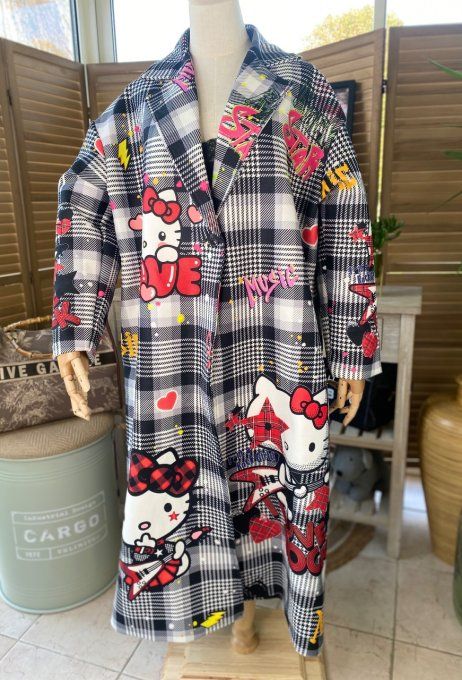 Manteau sans laine long oversize doublé carreaux Hello Kitty Rock  du 40 au 48