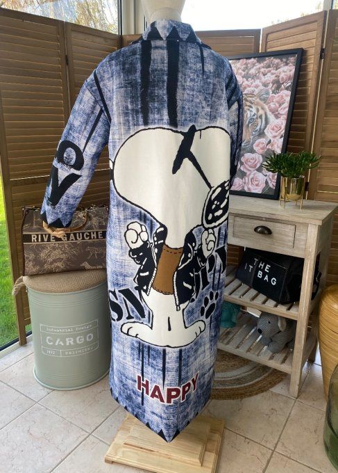 Manteau sans laine long oversize doublé effet jeans brut délavé Snoopy Happy du 40 au 48