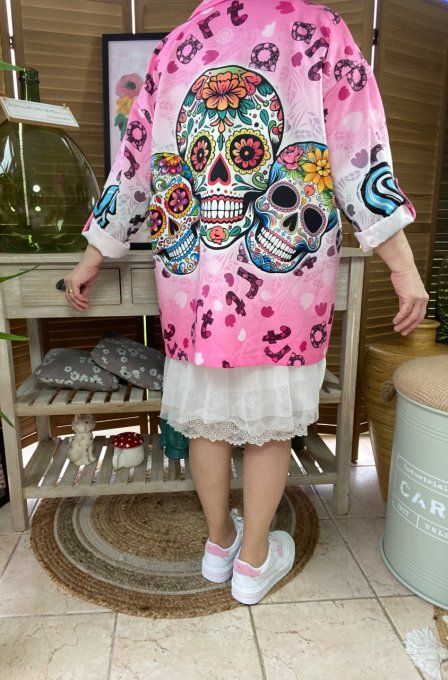 Veste blazer ample rose bonbon Mexican Skulls Calaveras du 42 au 50/52 et + 