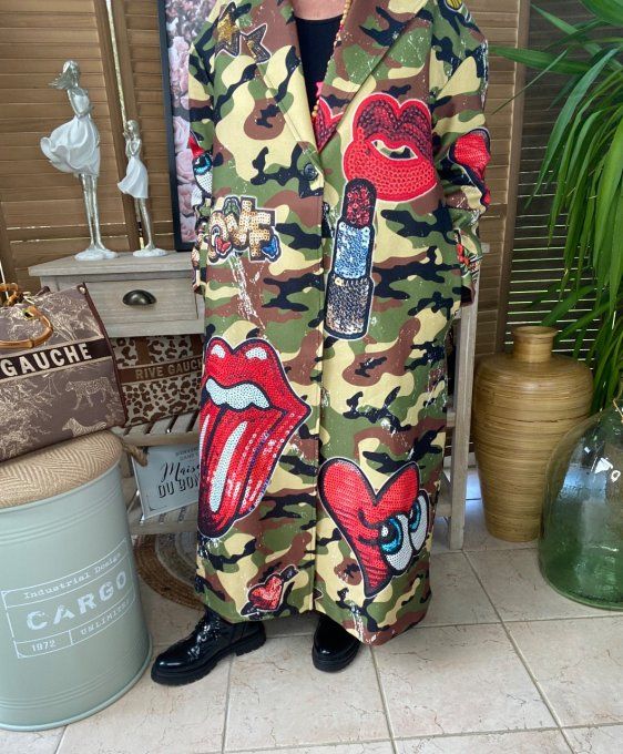 Manteau sans laine long oversize doublé camouflage Rolling Stones du 40 au 48