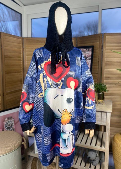 Sweat à capuche néoprène effet jeans carreaux Love Snoopy du 42 au 54 