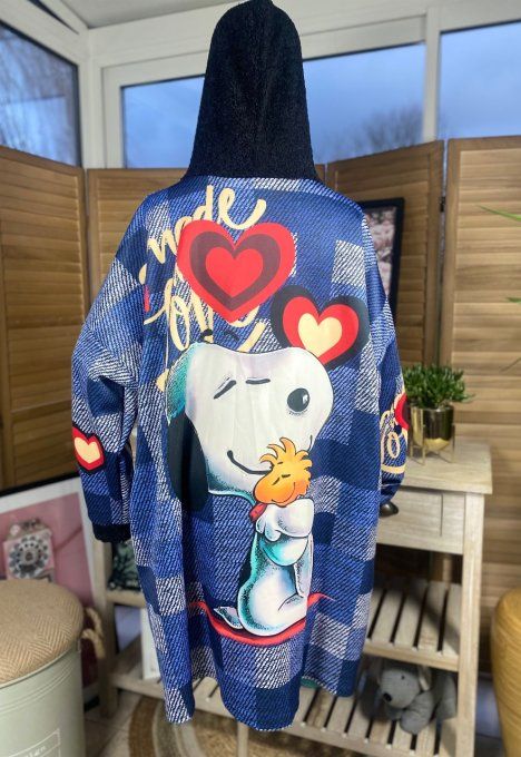 Sweat à capuche néoprène effet jeans carreaux Love Snoopy du 42 au 54 