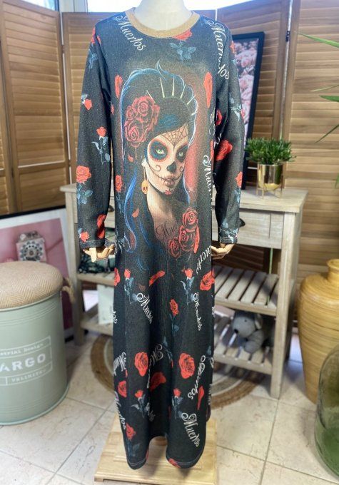 Robe longue molletonnée noire pailletée dorée Lurex Mexican Caterina du 36 au 44 