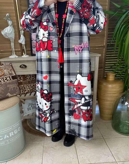 Manteau sans laine long oversize doublé carreaux Hello Kitty Rock  du 40 au 48