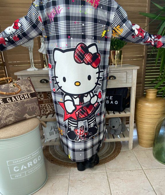 Manteau sans laine long oversize doublé carreaux Hello Kitty Rock  du 40 au 48